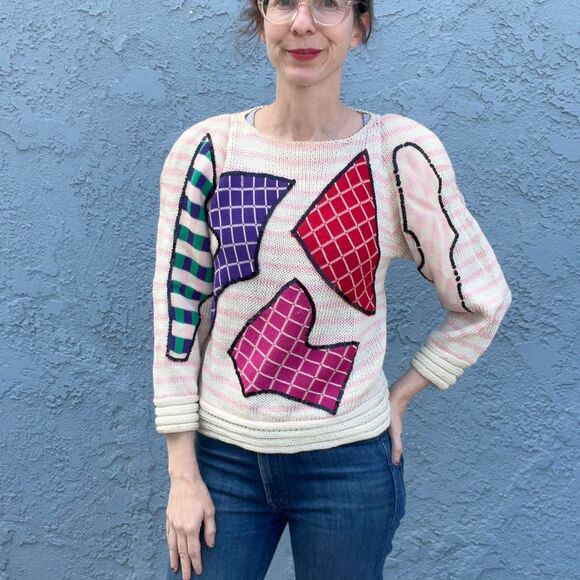 Womens 80s Sweater Abstract Funky Print puff sleeves Size Small - Picture 1 of 8